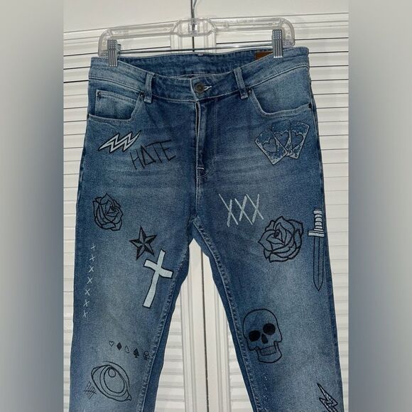 Asos Men's Skull Roses Skinny Jeans Size 33 - Picture 2 of 10